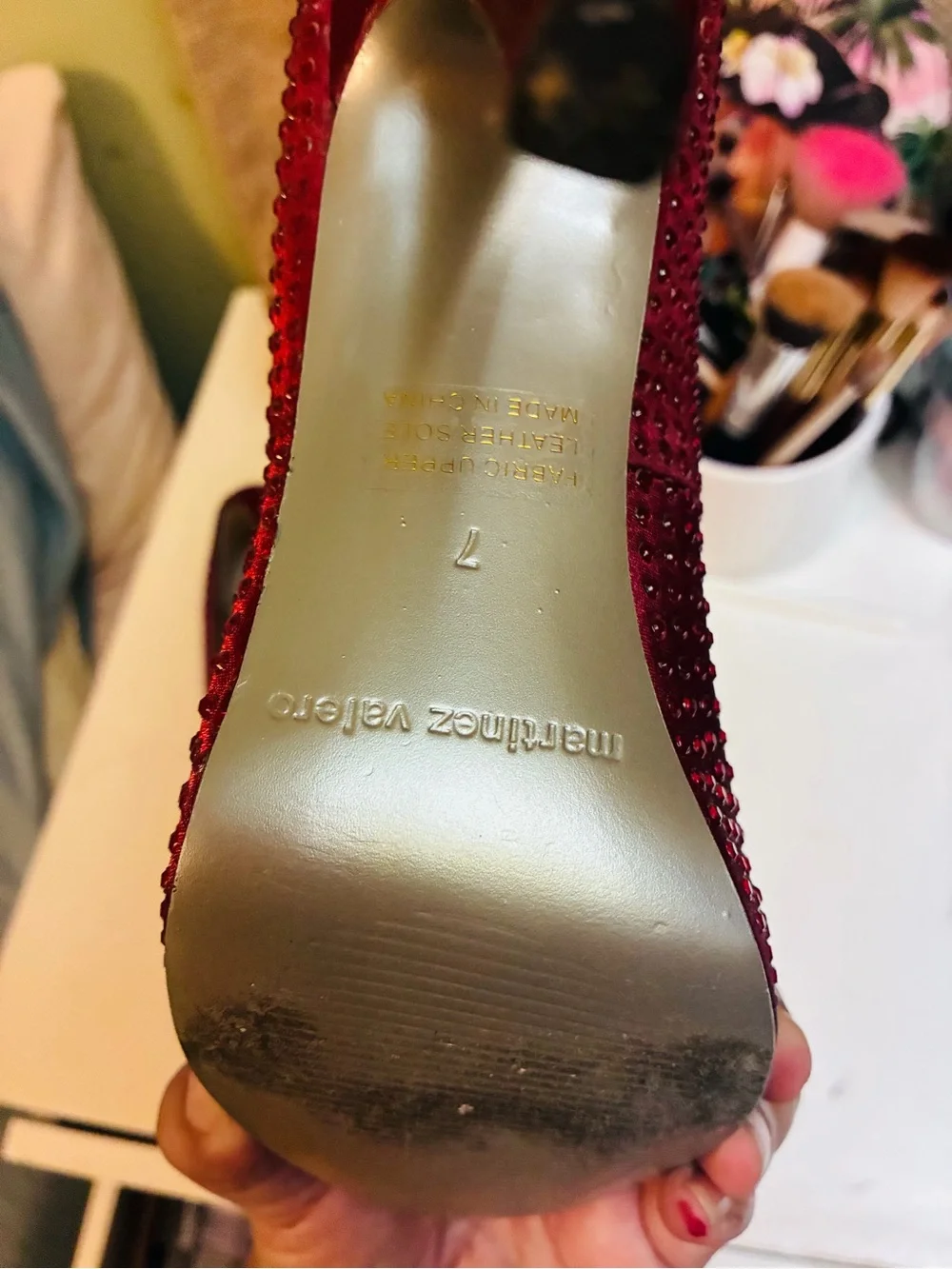 Martinez Valero Burgundy Rhinestone Peep Toe Platform Heels